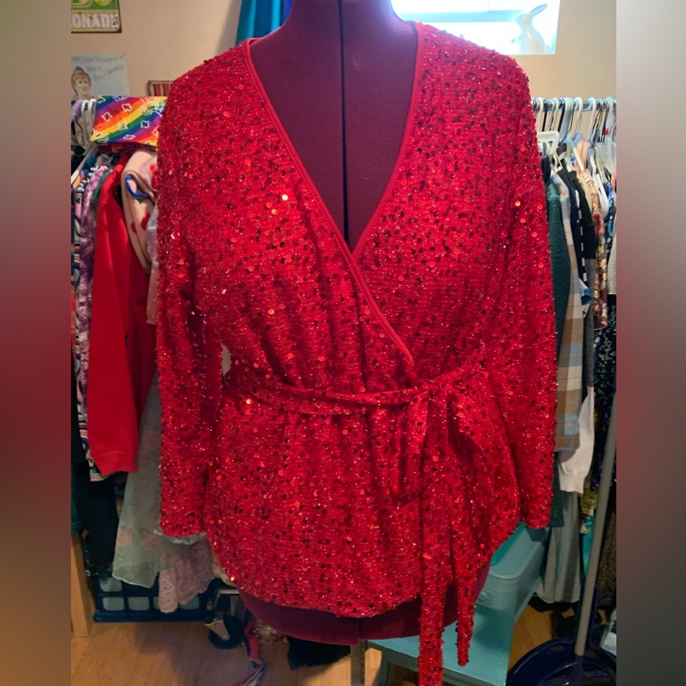 Shein Faux Wrap Sequin Top with waist tie